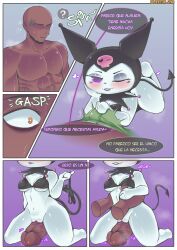 1boy 1girls anthro big_penis dark-skinned_male human_on_anthro interspecies kuromi l3st3r_248 onegai_my_melody penis plushie pussy rubbing sanrio spanish_text tail