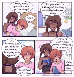 <3 1boy 1girls 2d bed bedroom blahaj book braid braided_hair brown_hair choker comic comic_page dark-skinned_female demisexual_pride_colors dialogue english_text ginger_hair heart ikea light-skinned_femboy long_hair lying_on_person male/female on_bed orange_hair petting pillow playing_with_hair red_hair short_hair sleeping speech_bubble star star_shaped_pupils text thumbs_up welcome_to_heaven wink