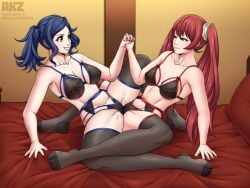 2girls akazlime armpits bare_thighs bedroom black_bra black_panties blue_bra blue_hair blue_lingerie bra breasts brown_eyes competitive competitive_intercourse competitive_sex covered_nipples cynthia_(fire_emblem) female female_only fire_emblem fire_emblem_awakening garter_belt holding_hands large_breasts lingerie long_hair medium_breasts medium_hair multiple_girls nintendo panties pussy_juice red_bra red_hair red_lingerie red_panties severa_(fire_emblem) sex sexfight smile spread_legs thighhighs thighs tribadism twintails yuri