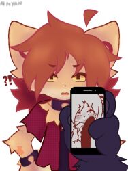 annoyed_expression anon anthro blowjob collar commission doll_eye fur furry furry_ears long_hair looking_at_viewer male n.nyan orange_fur peter_(doll_eye) phone phone_screen red_hair sleepykinq solo submissive_male white_background