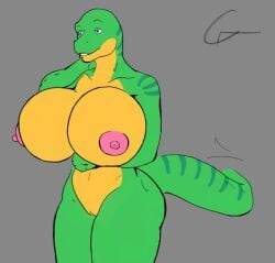 aisha_neavi_(akelyx) akelyx_(artist) anthro areola big_breasts biped breast_implants breasts dinosaur dromaeosaurid eyebrows female genitals green_body green_skin grey_background hairless huge_breasts multicolored_body multicolored_skin nipples non-mammal_breasts non-mammal_nipples nude pink_nipples prehistoric_species purple_eyes pussy raised_eyebrow reptile scalie simple_background smile solo supporting_breasts tail theropod two_tone_body two_tone_skin velociraptor yellow_body yellow_skin