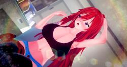 3d blush crop_top deluxe_rosie elly_(vtuber) fanning_self female female_only hand_on_head human indie_virtual_youtuber jean_shorts light-skinned_female office open_mouth red_hair solo sweat sweating tattoo virtual_youtuber