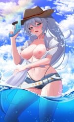 1girl aircell bangs beach bikini bikini_bottom blue_eyes blue_sky blush breasts breasts_out cloud embarrassed exposed_breasts fanbox_reward female female_focus female_only hat high_resolution highres holding_gun honkai_(series) honkai_impact_3rd kiana_kaslana kiana_kaslana_(herrscher_of_flamescion) light-skinned_female light_skin long_hair looking_at_viewer medium_breasts nipples no_bra no_sex ocean open_mouth open_shirt outdoors ponytail pov revolver sea shorts slim_waist staring staring_at_viewer sunny surprised surprised_expression sweat thick_thighs thighs uncensored very_long_hair water wet white_belt white_hair white_shirt