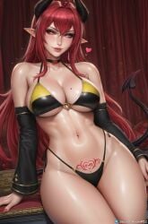 ai_generated big_hips bikini choker demon demon_girl demon_horns elf_ears female long_hair panties red_eyes red_hair ryanreos secret_room12 shiny_skin sinia stable_diffusion succubus succubus_tattoo tattoo