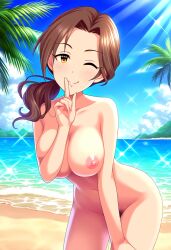 ai_generated beach breasts idolmaster idolmaster_cinderella_girls kawashima_mizuki nipples nude pose smile