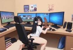 ai_generated bag bags_under_eyes black_hair book caught caught_masturbating caught_off_guard chubby chubby_female dildo gamer_chair gamer_girl getting_ready hair_over_one_eye headphones kara_(oc) keyboard_(computer) looking_at_viewer looking_back monitor mouse_(computer) open_mouth original_character panties poster poster_(object) seelenwanderer_(artist) self_upload shocked shocked_expression speaker walk-in white_hair white_shirt white_skin
