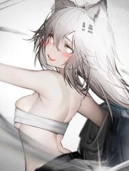 arknights back_view blush boob_squish breast_squeeze breasts fangs lappland_(arknights) large_breasts looking_back shoulders smiling tab_head white_hair wolf_ears wolf_girl