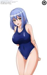 2018 akiranyo arms_behind_back artist_logo artist_name big_breasts blue_hair_female blue_swimsuit blush character_name english_text gakuen_de_jikan_yo_tomare hand_on_elbow one-piece_swimsuit seto_manaka short_hair text transparent_background vector_trace white_trim work_name yellow_eyes