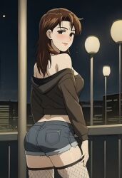 ai_generated black_hoodie civitai clothed fishnets looking_at_viewer off_shoulder reina_akikawa shorts suggestive wangan_midnight