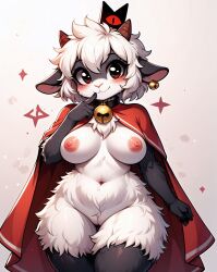 ai_generated anzatiridonia blush breasts cape cult_of_the_lamb earring furry hat horns lamb_(cult_of_the_lamb) looking_at_viewer nude pussy red_eyes sheep_girl smile white_hair