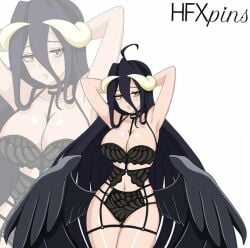 albedo_(overlord) black_hair black_wings devil_horns hfxpins lingerie overlord_(maruyama) succubus