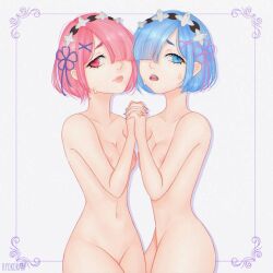 2girls artist_name blue_eyes blue_hair blue_hair_female duo duo_female female female/female female_only female_with_female girls girls_only holding_hands multiple_girls nude nude_female nudity pink_eyes pink_hair pink_hair_female ram_(re:zero) re:zero_kara_hajimeru_isekai_seikatsu rem_(re:zero) ryokoran short_hair small_breasts