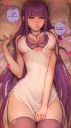 1girls big_breasts blush bra breasts fern_(sousou_no_frieren) heart horny horny_female kittew laying_down laying_on_bed long_hair looking_away purple_bra sole_female solo sousou_no_frieren sweatdrop