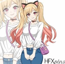 1girls blue_jeans blush cat_ears female female_only hfxpins kitagawa_marin purse solo sono_bisque_doll_wa_koi_wo_suru twintails yellow_hair