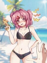 1girls 5_fingers a_qiu artist_name bare_shoulders blushing bra breasts doki_doki_literature_club female female_focus natsuki_(doki_doki_literature_club) navel panties pink_eyes pink_hair solo_focus twitter_username underwear underwear_only water water_gun watergun