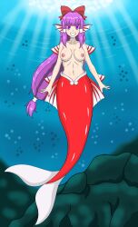 arrashi female large_breasts mermaid mermaid_tail midriff navel nipples post_transformation reimu_hakurei toned_stomach touhou transformation wide_hips