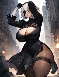 1girls ai_generated alternate_breast_size black_dress blindfold breasts cleavage curvy detailed_background dress expressionless female gigantic_breasts gloves huge_breasts leggings massive_thighs mature_female narrow_waist nier:_automata nier_(series) solo stable_diffusion stretching taut_clothes thick_thighs wide_hips xenomon yorha_2b