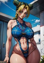 1girls ai_generated big_breasts bikini_bottom blonde_hair blue_eyes braids dimples_of_venus double_bun exposed_shoulders female female_only green_hair hair_buns halter_top jojo's_bizarre_adventure jojo_no_kimyou_na_bouken jolyne_kujo large_breasts leaning_back lifted_top lipstick long_sleeves makeup midriff navel outdoors outside ponytail pool sleeveless slight_smile smile solo solo_female stable_diffusion stone_ocean tampopo thick_thighs wide_hips yellow_lipstick