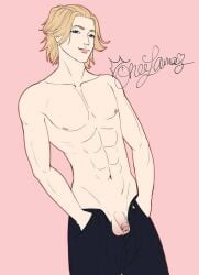 artist_signature bare_chest black_pants blonde_hair looking_at_viewer male_only manjiro_sano mikey_(tokyo_revengers) pants_only penis_out pink_background tokyo_revengers xxxone_samaxxx