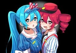 2girls alternate_version_available big_breasts blue_eyes blue_hair bow breast_press choker drill_hair drooling hairbow hat hatsune_miku heart-shaped_pupils kasane_teto long_hair mesmerizer_(vocaloid) mesmerizer_miku mesmerizer_teto mv_character name_tag nametag necktie overall pressing_breasts_together red_eyes red_hair sharp_teeth small_breasts striped_shirt tie tongue_out torinokawori twintails uniform vocaloid