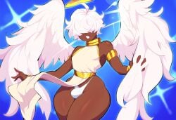 1boy ai_generated alriel angel angel_wings black_femboy bulge curvy dark-skinned_male dark_skin femboy hair_over_eyes halo mullon novelai pelvic_curtain sky thick_thighs trap white_hair wings