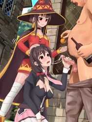 1boy 2girls alcohol big_ass blush breasts brown_hair burp censored collar confused drunk fat_man fellatio flat_chest grin handjob hat kono_subarashii_sekai_ni_shukufuku_wo! masturbation megumin money multiple_girls nestern open_mouth oral penis prostitution public red_eyes saliva sisters small_ass smile witch witch_hat wizard yunyun_(konosuba)