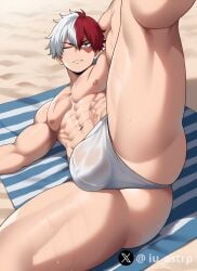 1boy 1male absurd_res absurdres ai_generated anime anime_style ass ass bara bara_ass bara_tiddies bara_tits beach beach_towel big_bulge blue_eye blue_eyes body_scar body_scars boku_no_hero_academia bulge gay hand_behind_head high_resolution highres iu_astrp laying_on_towel lifting_leg looking_at_viewer male male_focus male_only muscular muscular_chest muscular_male muscular_thighs my_hero_academia nipples one_eye_closed pecs red_hair sand scar scars scars_on_chest shouto_todoroki solo solo_male spread_legs spreading spreading_legs stable_diffusion sweat sweat_drop sweat_droplets sweatdrop sweating sweaty sweaty_body thong thong_only todoroki_shouto towel two_tone_hair underwear underwear_only watermark white_hair white_thong white_underwear yaoi