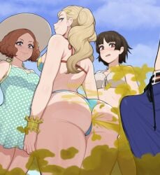 1boy 3girls afrobull ann_takamaki ass atlus bikini bubble_butt edit erection_under_clothes fart fart_cloud fart_fetish fart_on_dick farting female haru_okumura makoto_niijima male persona persona_5 ren_amamiya swimsuit thick_thighs third-party_edit thong thong_bikini