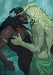 achilles_(hades) ass bare_chest canon_couple european_mythology gay greek_mythology hades_(game) holding_partner kissing laurel_crown love male_only mythology nude_male partially_clothed patroclus_(hades) public_domain spicynoon wholesome yaoi