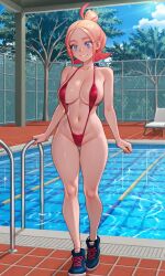 1girls absurdres ai_generated armpit_peek bikini bikini_bottom bikini_top blonde_hair blue_eyes breasts cowboy_shot crop_top cropped_shirt female game_freak gradient_hair groin hair_bun highres large_breasts looking_at_viewer midriff multicolored_hair navel nintendo open_mouth parted_bangs partial_commentary pink_hair pokemon pokemon_legends:_z-a pool poolside rcos s sidelocks sling_bikini slingshot_swimsuit smile solo standing string_bikini taunie_(pokemon) townie_(pokemon)