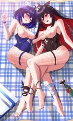 2girls aircell alter_ego ankle_strap aroused aroused_face ass bare_breasts bare_shoulders bare_thighs barefoot beach beach_towel bikini black_hair black_swimsuit blue_eyes blue_hair blue_swimsuit blush breast_grab breast_squeeze breasts breasts_out exposed_breasts fanbox_reward feet grabbing_another's_breast hairband heart-shaped_pupils high_resolution highres honkai_(series) honkai_impact_3rd laying_down laying_on_ground laying_together legs_intertwined long_hair looking_at_viewer medium_breasts nervous nervous_expression nipples no_sex one-piece_swimsuit open_mouth outdoors red_eyes red_hair red_ribbon seele_(alter_ego) seele_vollerei short_hair slim_waist sunny sweat sweating swimsuit swirly_eyes thick_thighs thigh_strap thighs uncensored unusual_pupils very_long_hair wet wet_clothes wet_skin white_ribbon