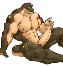 anthro balls bara big_penis bone erection gurangatch male male_only muscles muscular nude penis phosbara scalie sitting solo solo_male tokyo_afterschool_summoners