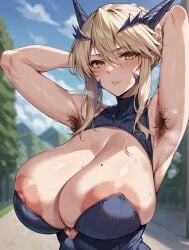 ai_generated areolae_visible_through_clothing armpit_fetish armpit_hair armpits arms_up artoria_pendragon artoria_pendragon_(lancer_alter) blonde_hair dosukebeai fate/grand_order fate_(series) female_armpit_hair gigantic_breasts hair_bun huge_breasts light-skinned_female light_skin looking_at_viewer massive_breasts mature_female milf solo_female squatting voluptuous voluptuous_female yellow_eyes