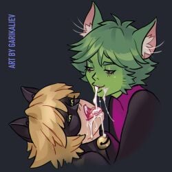 2boys adrien_agreste animal_ears beast_boy cat_ears cat_tail catboy chat_noir cum cum_in_mouth dc dc_comics garikaliev gay green_hair green_skin male male_only miraculous_ladybug snowballing tail teen_titans tongue tongue_out yaoi