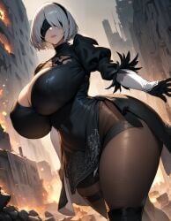 1girls ai_generated alternate_breast_size black_dress blindfold curvy destroyed_building detailed_background dress expressionless from_below gigantic_breasts gloves huge_ass huge_breasts leggings massive_thighs mature_female narrow_waist nier:_automata nier_(series) night_sky panties rubble smoke solo stable_diffusion thick_thighs video_games walking wide_hips xenomon yorha_2b