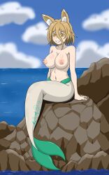 arrashi female kudamaki_tsukasa large_breasts mermaid mermaid_tail midriff navel nipples post_transformation toned_stomach touhou transformation wide_hips