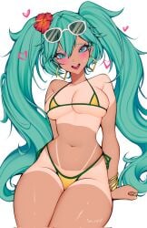 1girls arkevil bikini blue_eyes blue_hair blush brazil brazilian brazilian_female brazilian_miku compact_body female hatsune_miku looking_at_viewer nail_polish sitting small_bikini sunglasses sunglasses_on_head tan_body vocaloid yellow_bikini