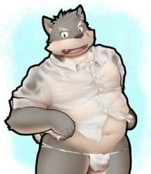 anthro canine fundoshi furry japanese_clothing kemono male male_only mammal moritaka nazimi00 shirt simple_background slightly_chubby solo tokyo_afterschool_summoners underwear wet wet_shirt