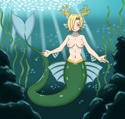 arrashi female kicchou_yachie large_breasts mermaid mermaid_tail midriff navel nipples post_transformation toned_stomach touhou transformation wide_hips