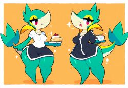 absurd_res ai_generated anthro anthrofied blush bottomwear breasts cake cleavage clothed clothing duo eyelashes female food generation_5_pokemon green_body hellsonger hi_res holding_object hoodie nintendo open_mouth pokemon pokemon_(species) serperior shorts simple_background smile snivy thick_thighs topwear wide_hips