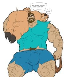 anthro ass backsack balls bara beard body_hair boner bulge clothing erection erection_under_clothes facial_hair furry lifting_person male male_only minecraft muscles muscular penis phosbara piglin speech_bubble steve_(minecraft) sus_(pig)