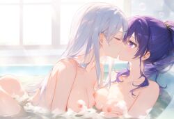 2girls ai_generated areola areolae asahina_mafuyu bath bathing bathroom bathtub big_breasts blush blush breasts breasts breasts breasts_out closed_eyes completely_naked completely_naked_female completely_nude completely_nude_female female_focus female_only high_resolution highres kissing kissing medium_breasts naked nipples project_sekai purple_eyes purple_hair silver_hair thighs tits_out yoisaki_kanade yuri