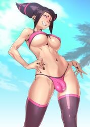 1futa 1futanari big_breasts black_hair breasts futa_only futanari juri_han muscular muscular_abs muscular_arms pink_bra pink_eyes pink_hair pink_panties stockings street_fighter tomoyuki_kotani