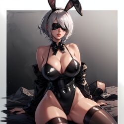 1:1 1girls ai_generated big_breasts breasts bunny_ears bunny_girl bunnysuit female female_only huge_breasts large_breasts nier nier:_automata nier_(series) short_hair white_hair yorha_2b