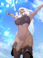 1futa 1futanari background big_breasts breasts character_request clothing dark-skinned_futanari dark_skin dickgirl futa_only futanari highres penis penis_out pink_eyes thick thick_thighs thighhighs thighs tomoyuki_kotani voluptuous voluptuous_futanari white_hair