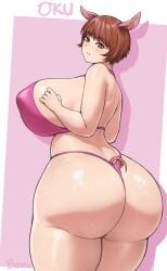 1girls animal_ears ass batako big_breasts bikini breasts brown_hair chubby chubby_female curvy elf-san_wa_yaserarenai female huge_ass huge_breasts humanoid light-skinned_female light_skin looking_back looking_down oku pale-skinned_female pale_skin pig_ears pig_girl plump short_hair smile solo swimsuit thick_thighs voluptuous white_background wide_hips