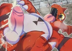 after_anal anthro anus balls bandai_namco belly bodily_fluids claws cum cum_in_ass cum_inside digimon digimon_(species) erection gaping gaping_anus genital_fluids genitals guilmon lying male moobs on_back penis red_body slightly_chubby solo suzuinu yellow_eyes