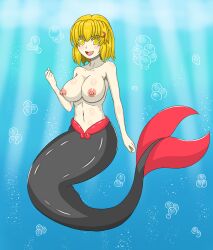 arrashi female large_breasts lunasa_prismriver mermaid mermaid_tail midriff navel nipples post_transformation toned_stomach touhou transformation wide_hips