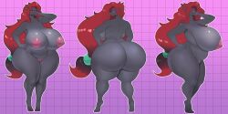 absurd_res anthro areola ass big_breasts big_butt biped black_body breasts female generation_5_pokemon genitals hair hand_on_hip hi_res huge_breasts huge_butt looking_at_viewer looking_back mature_female nintendo nipples nude pokemon pokemon_(species) pussy rear_view red_hair thick_thighs vintagart zoroark