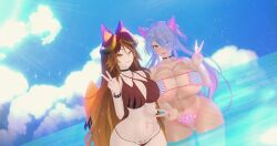 3d big_ass big_breasts bikini blue_hair cat_ears cat_tail catgirl collar deluxe_rosie eyes_visible_through_hair horns indie_virtual_youtuber light-skinned_female looking_at_viewer peace_sign pubic_tattoo rosie_(vtuber) sinder_(vtuber) spiked_bracelet string_bikini tan_body virtual_youtuber water wolf_ears wolf_girl wolf_tail